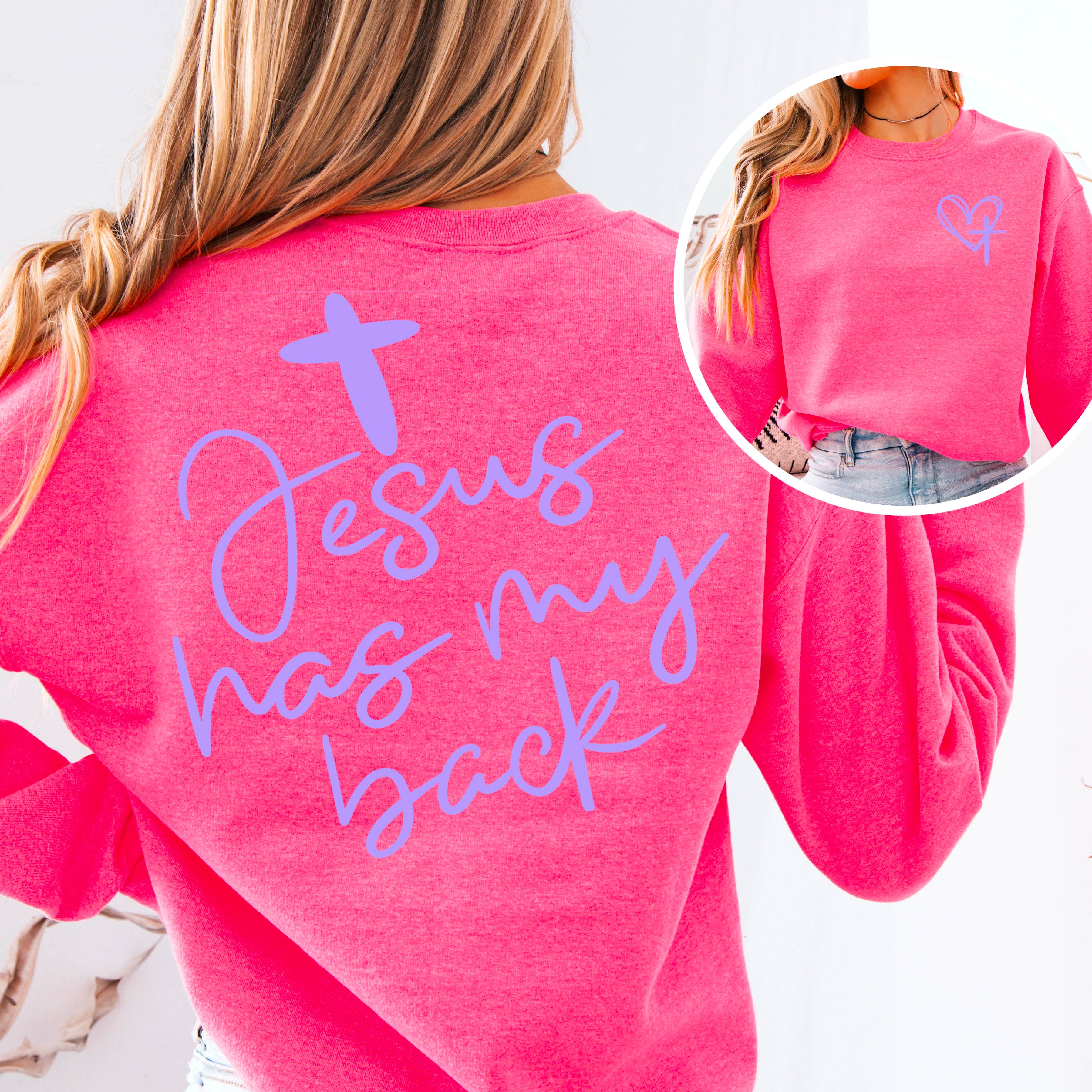 Shoppe SHC - Wholesale Graphic Sweatshirt - Women's - Jesus Has My Back  Screen Print Sweatshirt  3