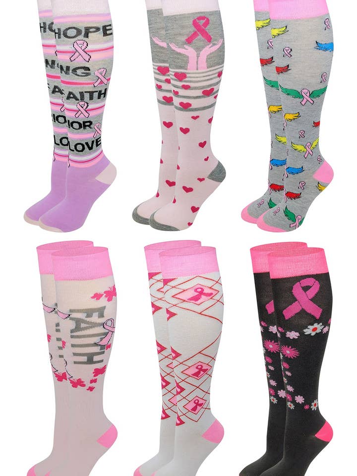 Women 6 pairs Breast Cancer Awareness Knee High Socks for wholesale by Different Touch