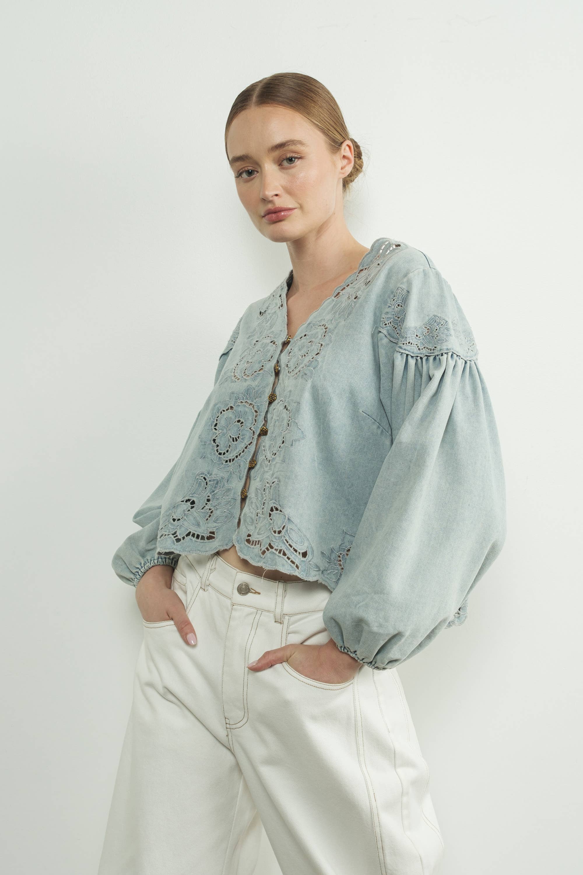 Aaron & Amber - Wholesale Blouse - Women's - MAT2892 DENIM EMBROIDERY VOLUME SLEEVE BLOUSE TOP2