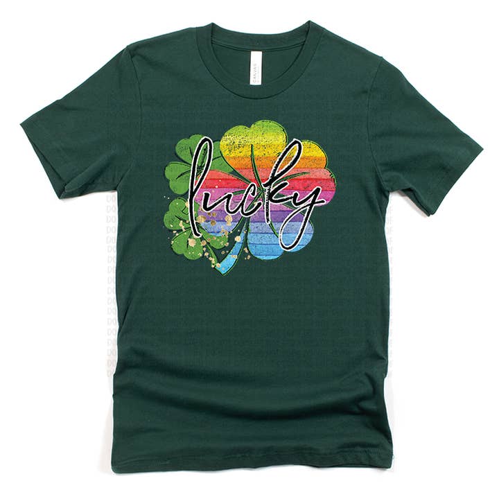 Lucky Rainbow Clover T-Shirt for St. Patrick's Day & Pride Month - Forest Green Unisex Tee for wholesale by Calypso Rose Designs