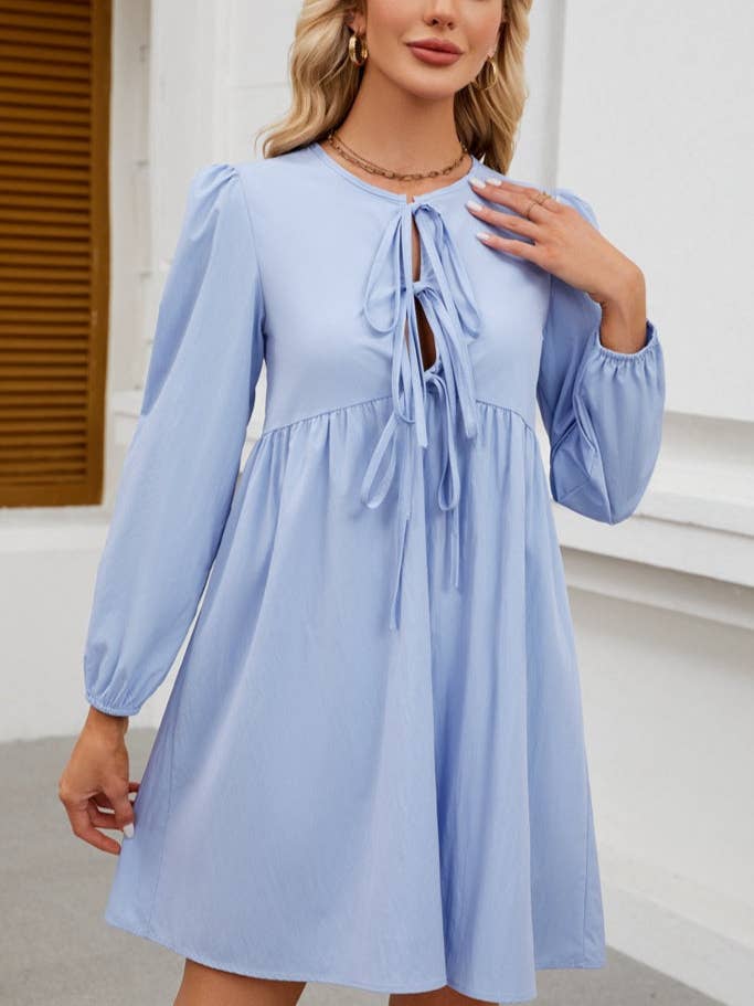 Bow Tie Long Sleeve Babydoll Dress with A-Line Silhouette for wholesale by Suhkasana