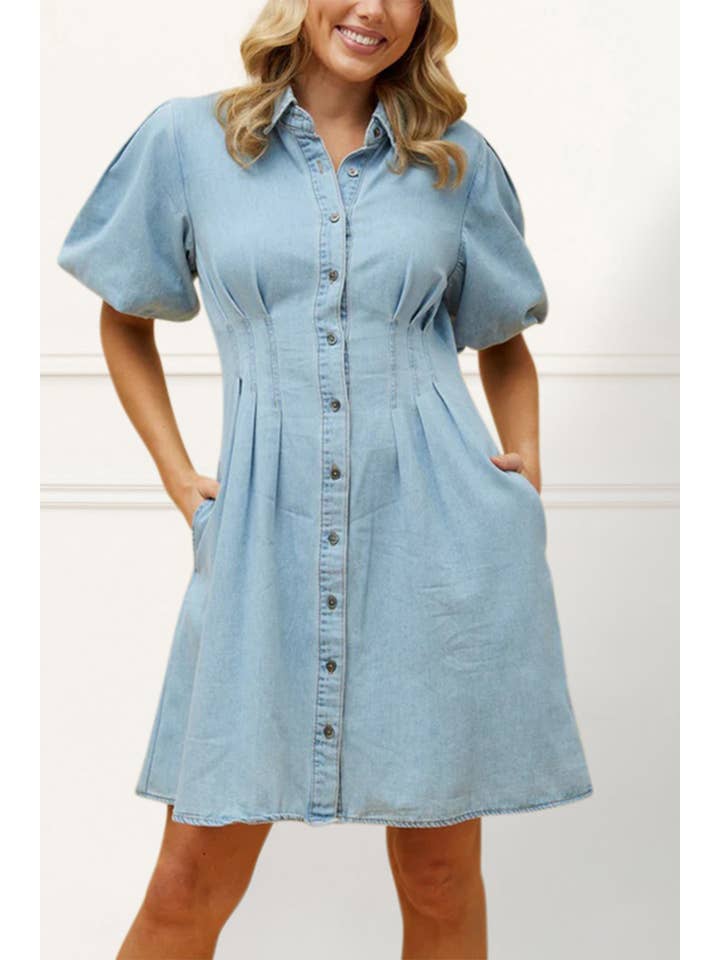 Blue Viviane Soft Wash Denim Shirt Dress Short Sleeve for wholesale on Faire
