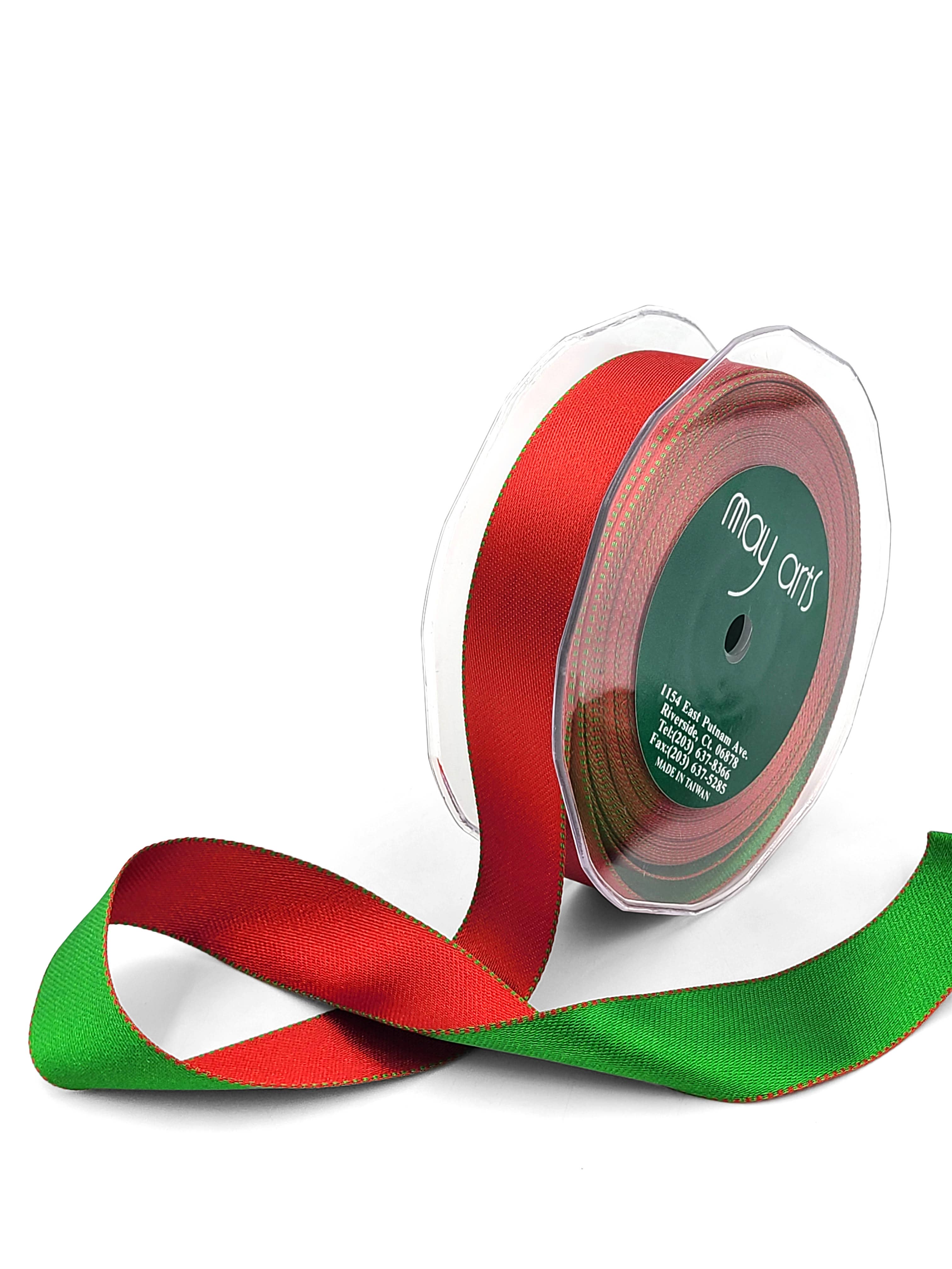 May Arts Ribbon - Wholesale Ribbon - Gift Wrapping - 1" Woven Double Face Satin Reversible Ribbon, Red & Green