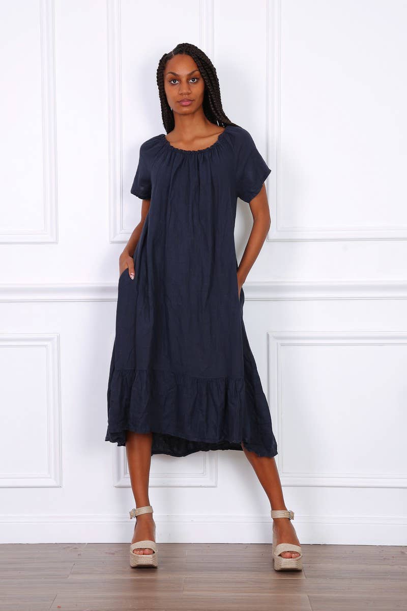 Happy look - Wholesale Dress - Women's - Long Linen Dress with Short Sleeves and Elastic Collar1