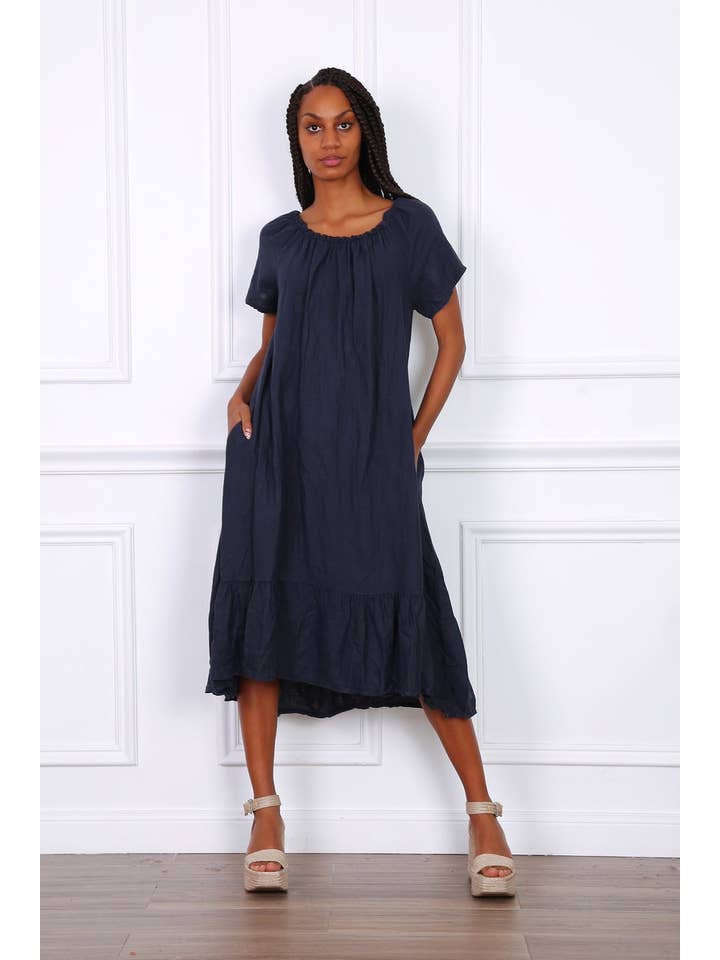 Happy look - Wholesale Dress - Women's - Long Linen Dress with Short Sleeves and Elastic Collar1