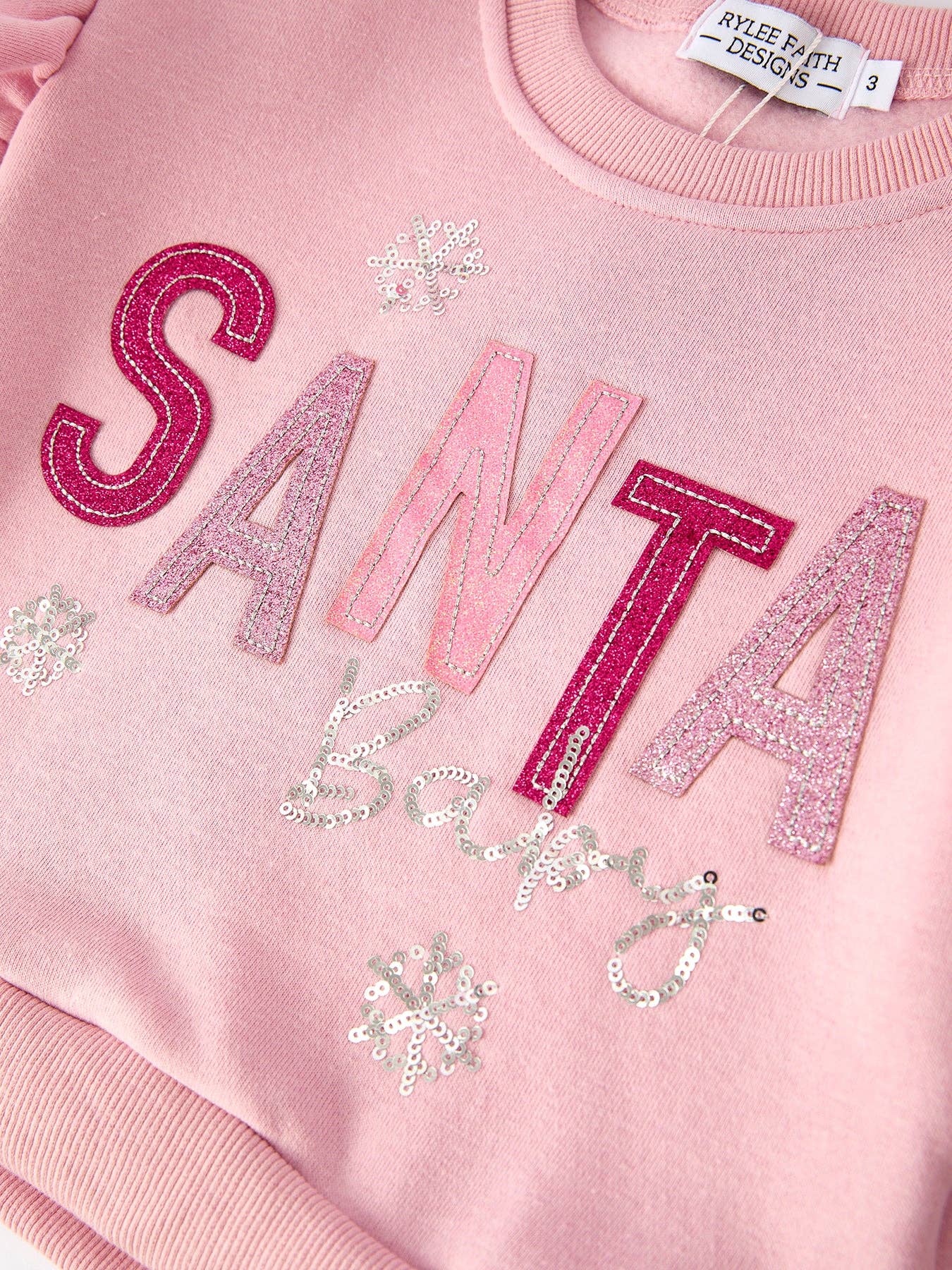 Rylee Faith Designs – wholesale Top & trouser set – Kids – Girls Christmas Outfit – Pink “Santa Baby” Ruffle Sweatshirt & Velvet Bell-Bottom Pants Set2