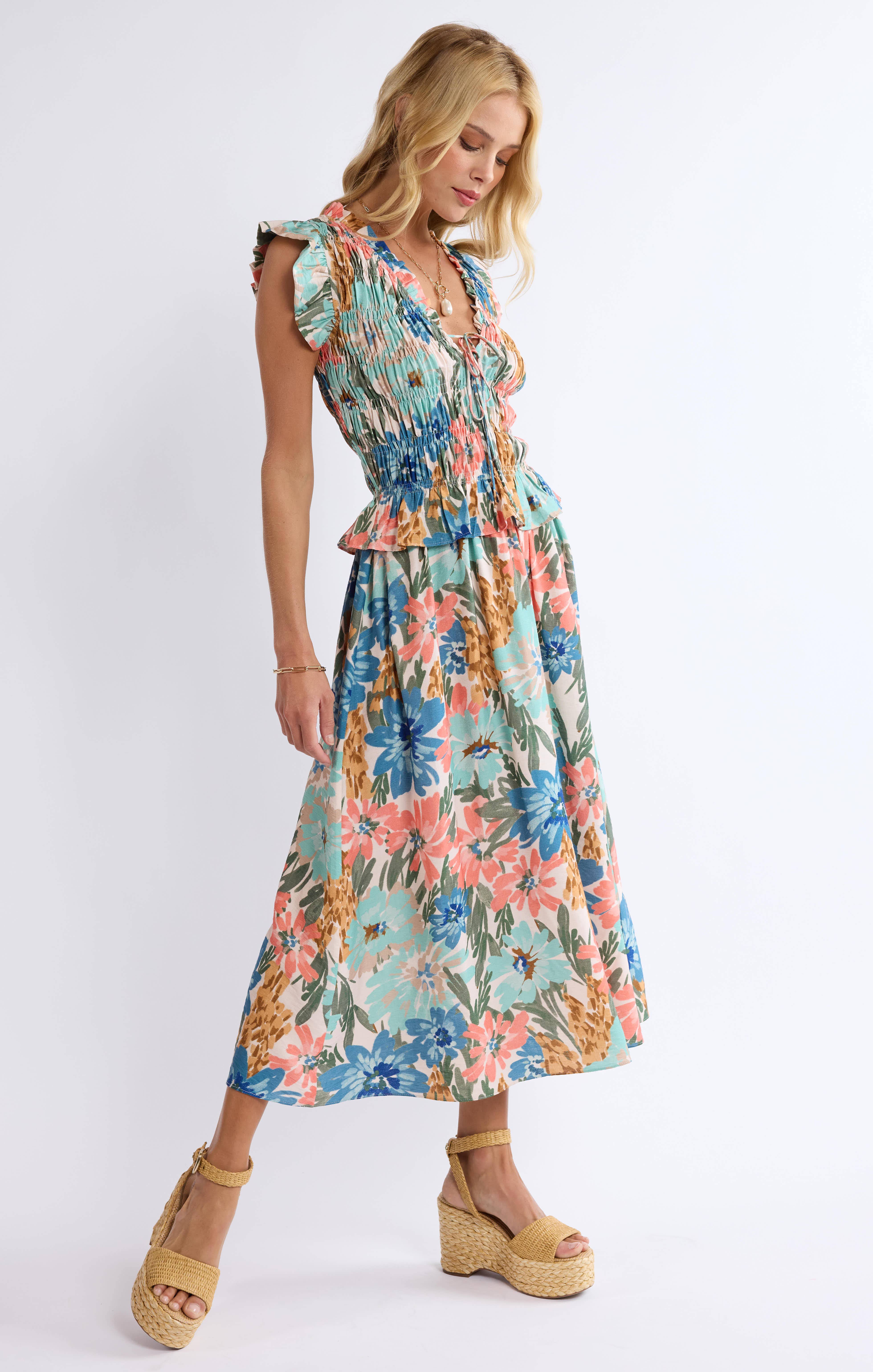 Sage The Label - Vendita all'ingrosso Vestito - Donna - Abito Midi con Corpino a Nido d'Ape Locale:MULTI2