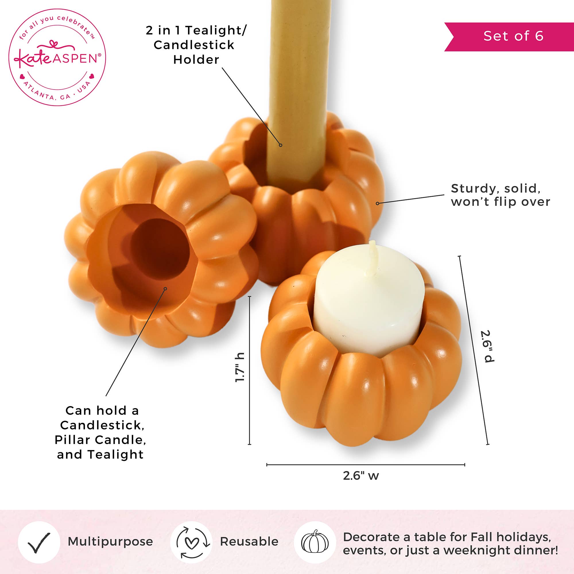 Kate Aspen - Wholesale Candle Holder - 2-in-1 Pumpkin Tealight/Candlestick Holder (Set of 6) - Orange5