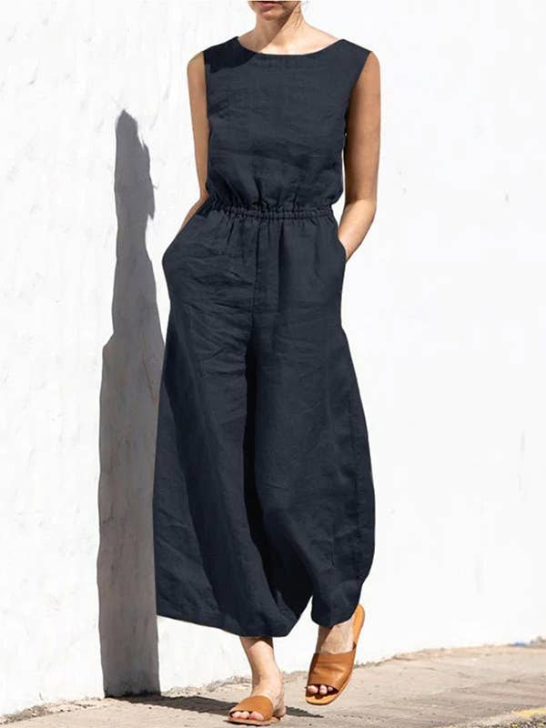 Plush Looks - Wholesale Jumpsuit - Women's - Sleeveless Wide Leg Round-Neck Jumpsuit