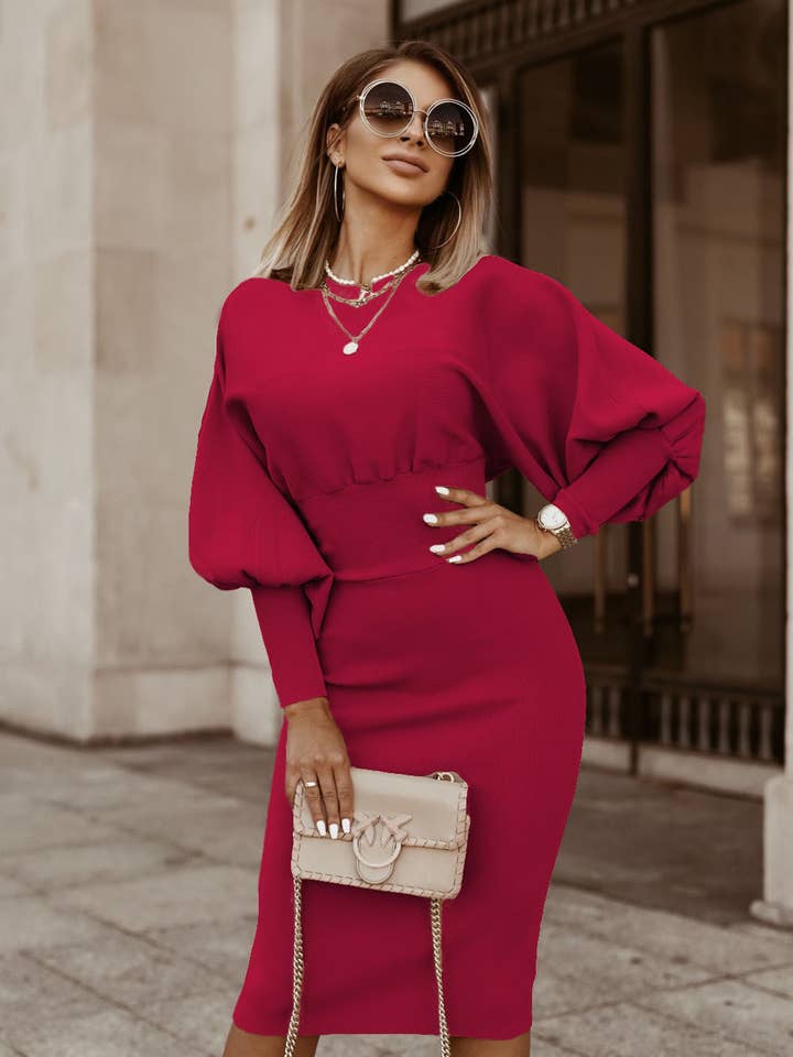 Lily Clothing - Wholesale Dress - Women's - SOLID COLOR LANTERN SLEEVE WAIST ONE-STEP DRESS