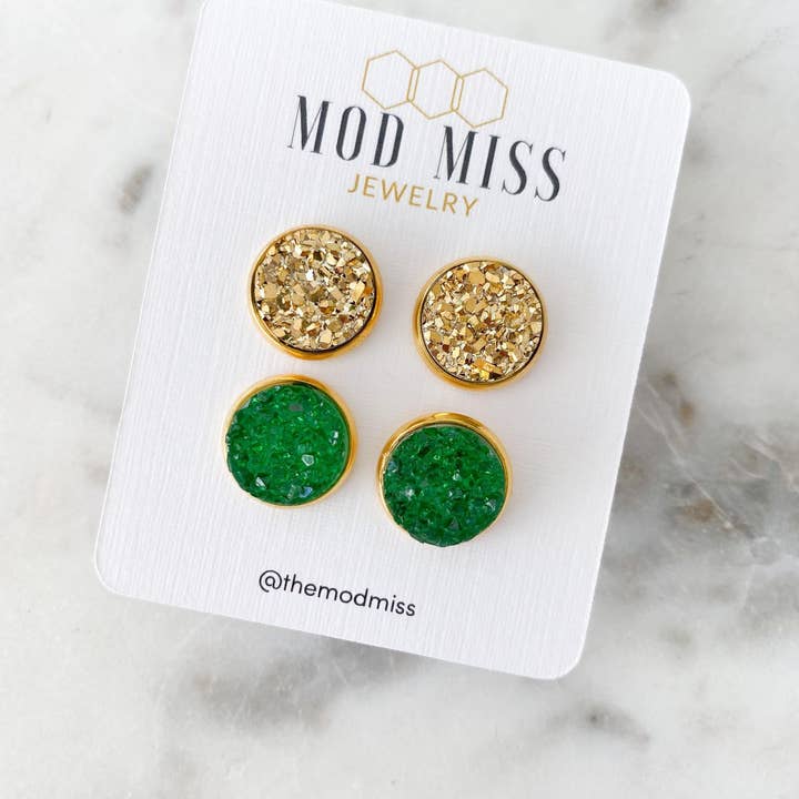 Druzy Ohrstecker 2er Set „Gold und Grün“ für den Großhandel von The Mod Miss