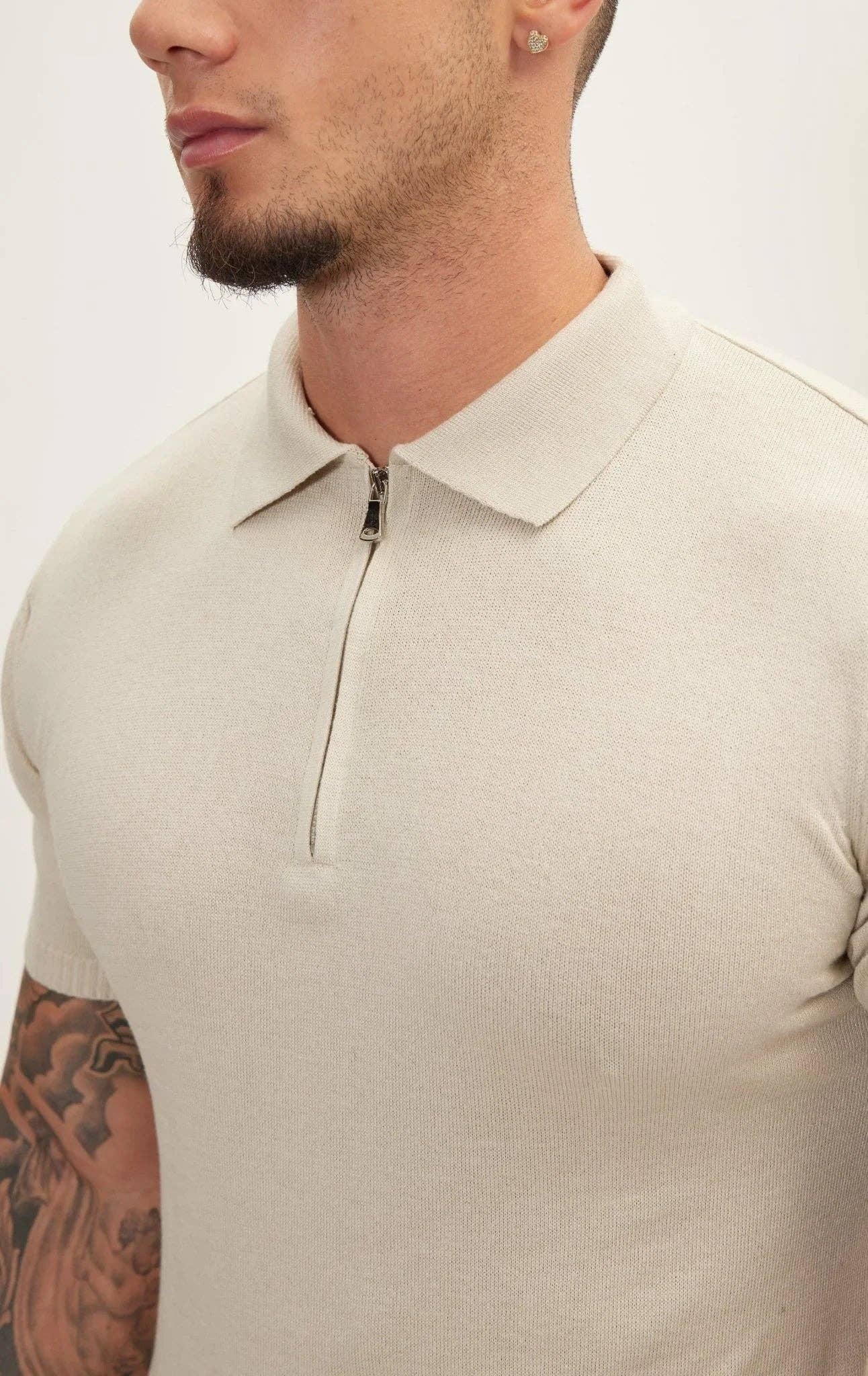 Zipper Closure Lightweight Polo Tee - Beige for wholesale on Faire1