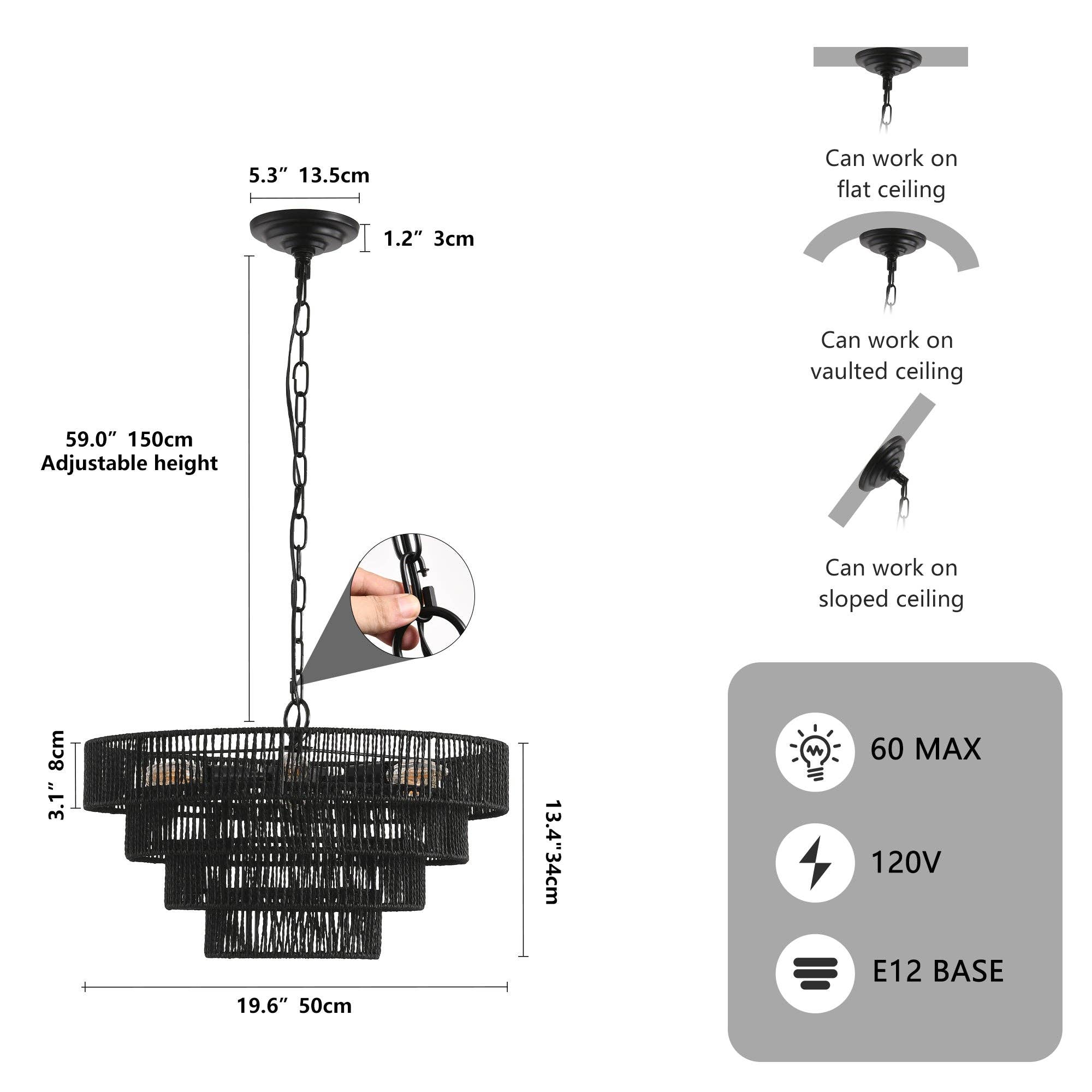 39F Inc. - Wholesale Chandelier/Hanging Light - 20" Rustic 4-Tier Black Hemp Rope Boho Pendant Chandelier7