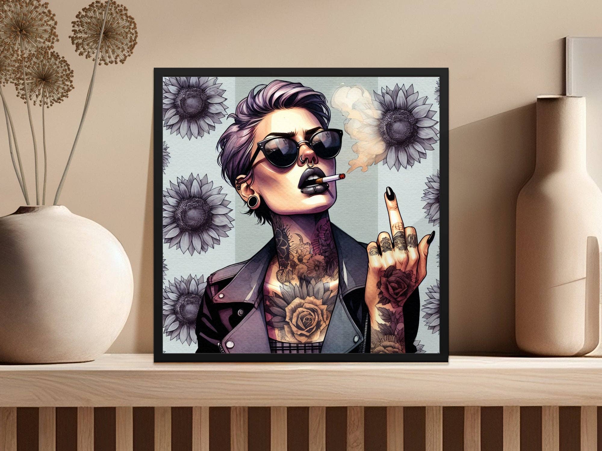 FreakyTeeFactory - Vente Poster - Affiche Edgy Punk Girl, décoration murale de femme tatouée, illustration de cheveux violets, impression sur toile Smoke and Attitude, décoration d'intérieur de style urbain, idée cadeau