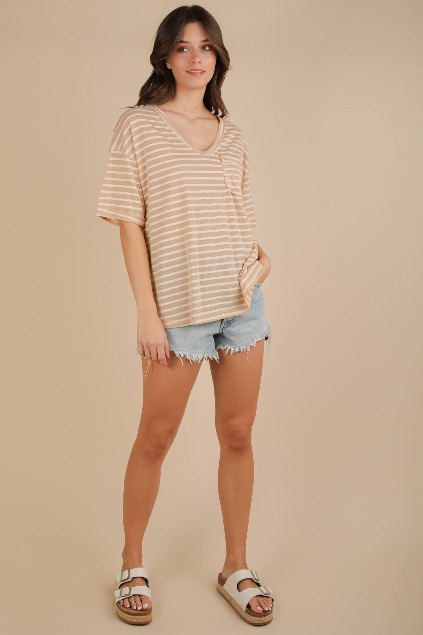 VERY J - Wholesale Knit Top - Women's - NT12167-Oversized Stripe Casual V-Neck Knit Top19