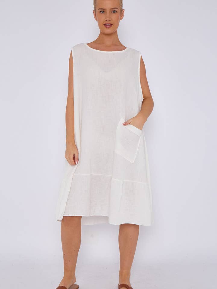 Miss Bold – wholesale Dress – Women's – Italian Sleeveless Cheesecloth Cotton Midi Dress with Pocket3