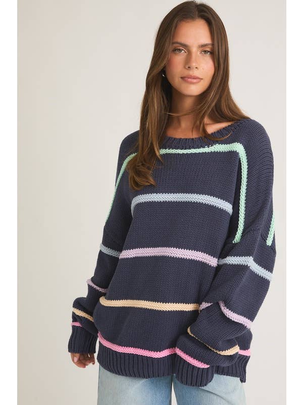 Navy Multi Stripe Long Sleeve Round Neck 3d Striped Sweater for wholesale on Faire