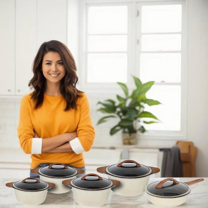 MT TRADE – wholesale Cookware set – 10-piece non-stick cookware set Cream Wood