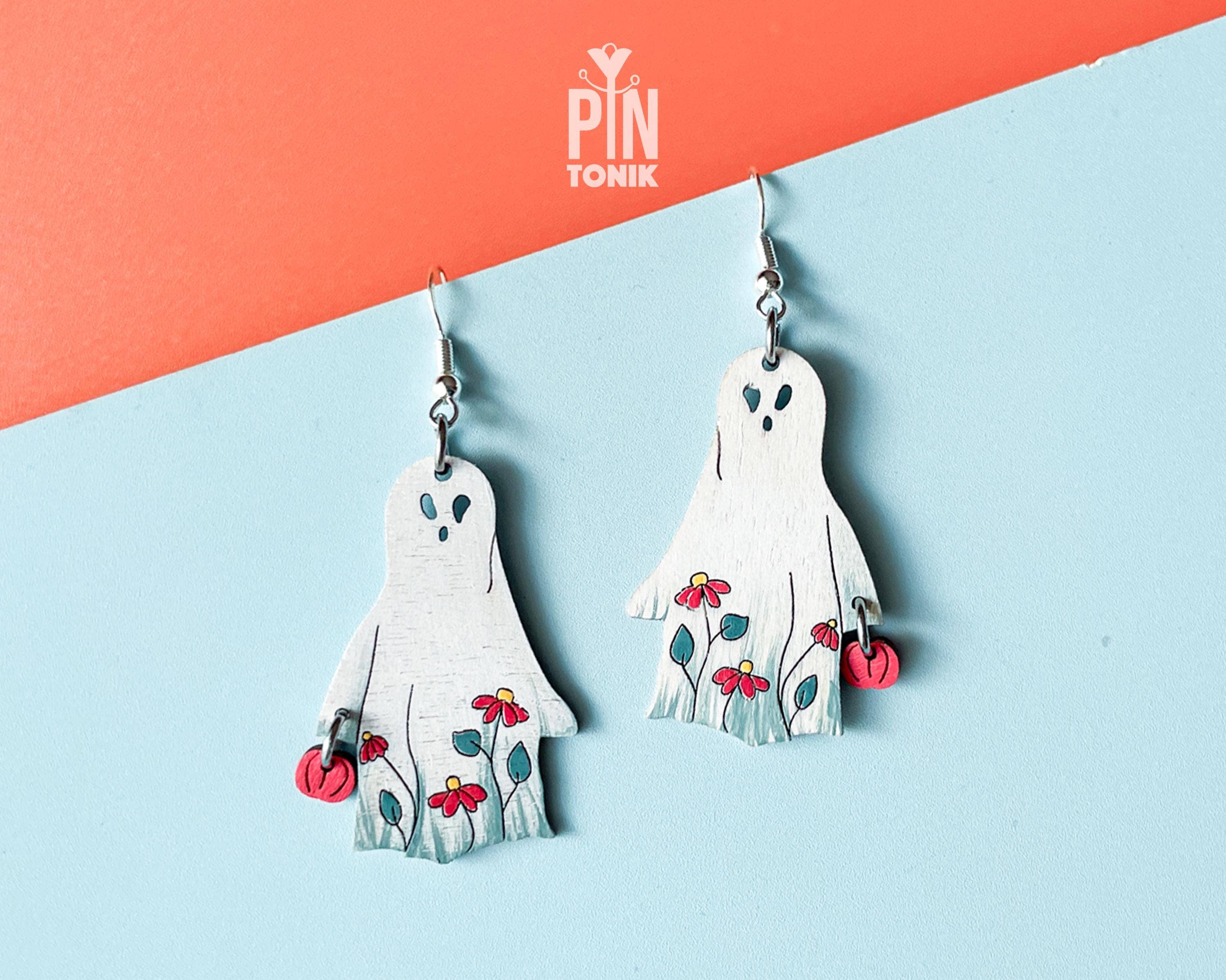 PinTonik - Vente Boucles d'oreilles pendantes - Boucles d'oreilles fantôme d'Halloween et citrouille-lanterne2