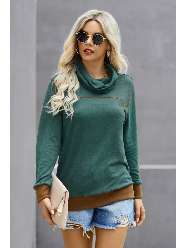 Supreme Fashion - Wholesale Knit Top - Women's - Cowl Neck Color Block Long Sleeves Loose Hoodie3