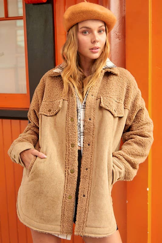 La Miel - Vente Veste – femme - JKT1790 - Veste boutonnée surdimensionnée en faux daim avec poches13