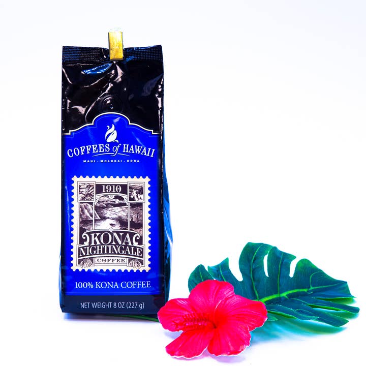 Kona Nightingale 100% Kona Ground Coffee Case of 12 8oz for wholesale by Hawaiian King Candies