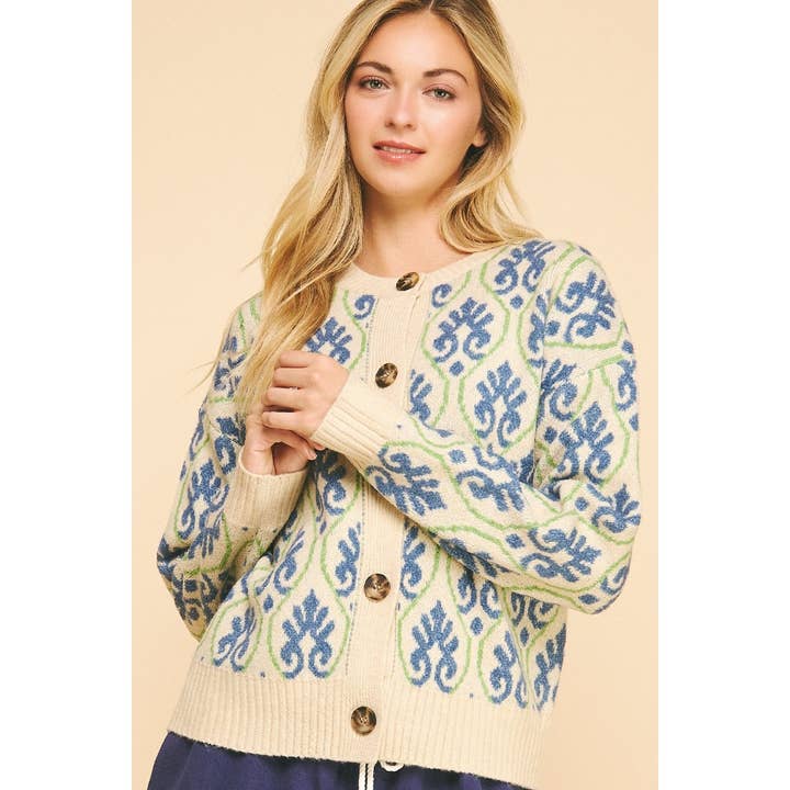 OATMEAL MULTI Cozy jacquard knit cardigan for wholesale on Faire11