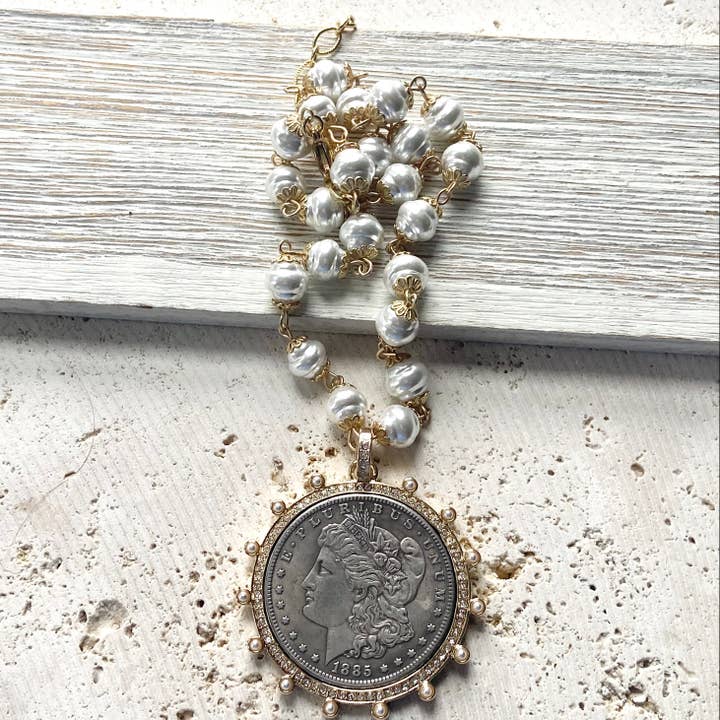 VB&CO Designs Handmade Jewelry - Wholesale Pendant/Charm Necklace - Morgan dollar coin necklace vintage pearl chain