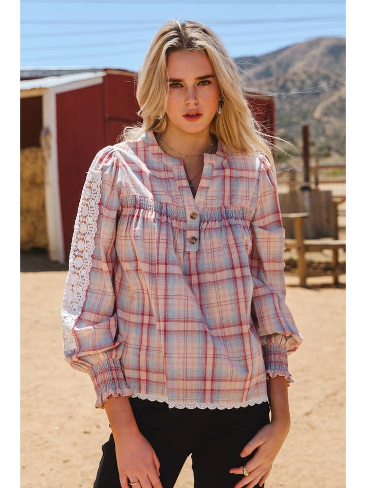 Oddi - Wholesale Blouse - Women's - Lace& Plaid Combo Long Sleeve Blouse7