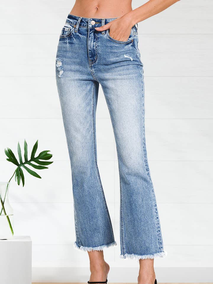 Jeans a zampa in denim strappato a vita alta per la vendita all'ingrosso da parte di 42POPS