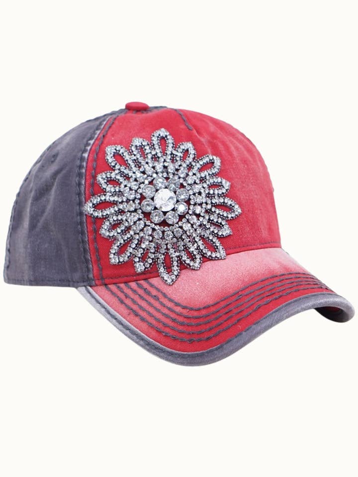 Sunflower Bejeweled Glitz Two-Toned Cap, Adjustable for wholesale by Olive & Pique