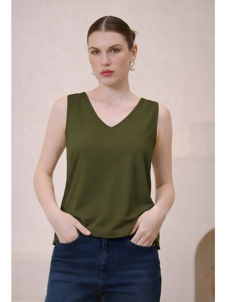 Olive V-Neck Tank Top for wholesale by Avani Del Amour