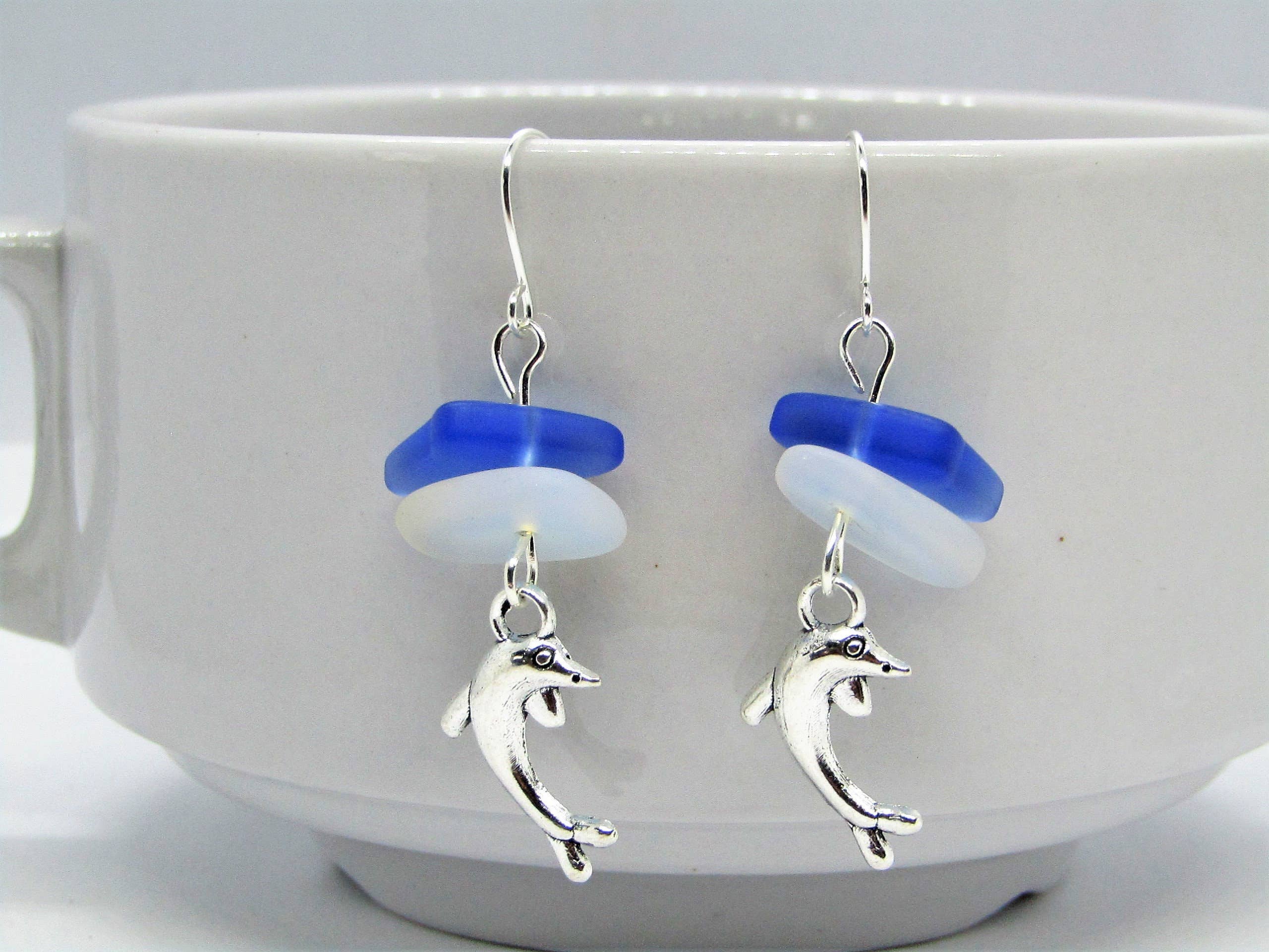 Bad Apple Designs - Wholesale Dangle Earrings - Dolphin Earrings with Sea Glass, Moonstone & Sapphire0