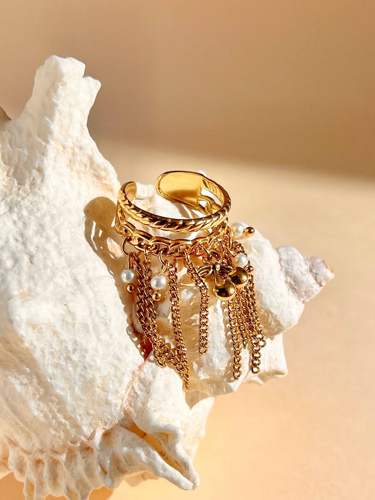 COSMOS - Wholesale Band/Stacked Ring - Adjustable stainless steel ring with cherry and chain2