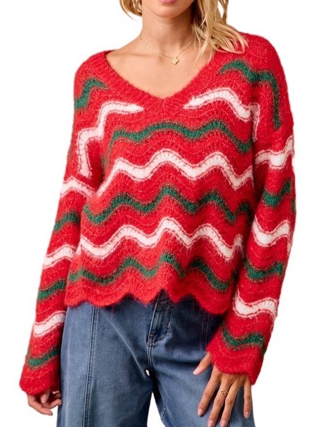 Christmas Wavy Stripes V-neck Sweater for wholesale by Vanilla Monkey