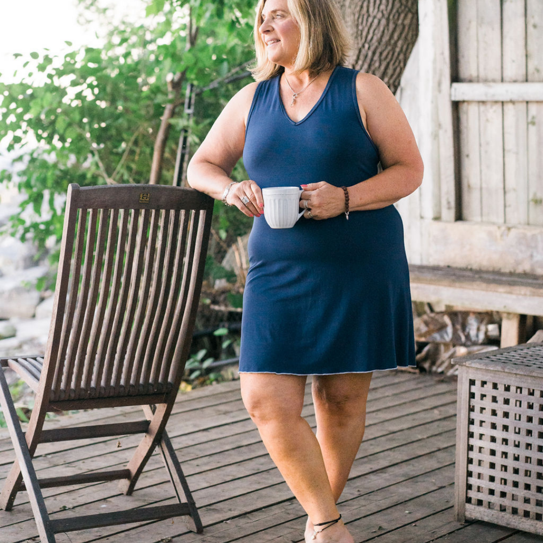 Mimi Island Loungewear - Wholesale Nightgown - Women's - The Island Nightdress - Bay Blue (Dark Blue)/White Trim3