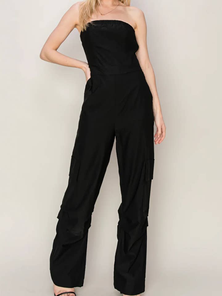 Tasha Apparel Wholesale - Wholesale Jumpsuit - Women's - Utility Pockets Strapless Cargo Jumpsuit - Trendy Boutique Wide Leg Jumpsuit