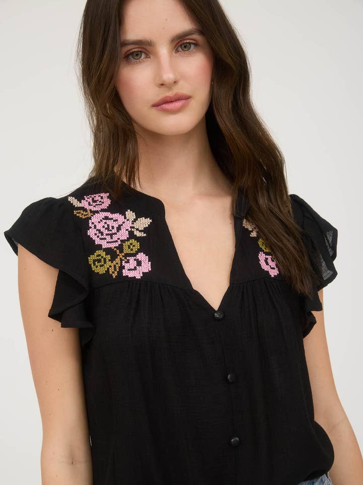 FLORAL EMBROIDERY BUTTON DOWN SHORT SLEEVE TOP for wholesale by Blu Pepper