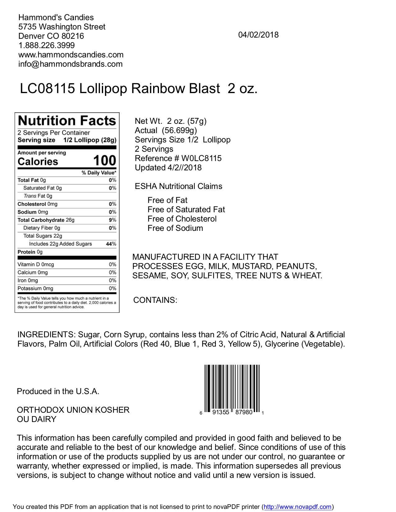 Hammond's Candies - Wholesale Lollipop - Handmade Lollipop w/ Bow - Rainbow Blast Fruit Punch - 2 oz1