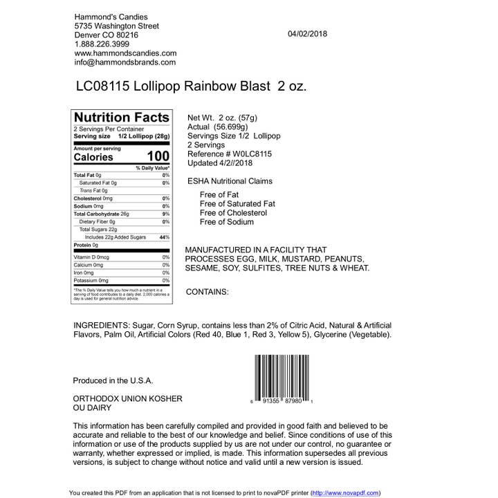 Hammond's Candies - Wholesale Lollipop - Handmade Lollipop w/ Bow - Rainbow Blast Fruit Punch - 2 oz1