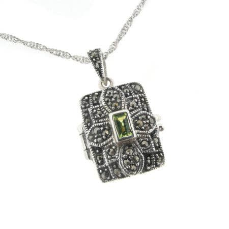 Antiqued Marcasite and Peridot Photo Locket Pendant Sterling Silver Necklace for wholesale by Silver Insanity