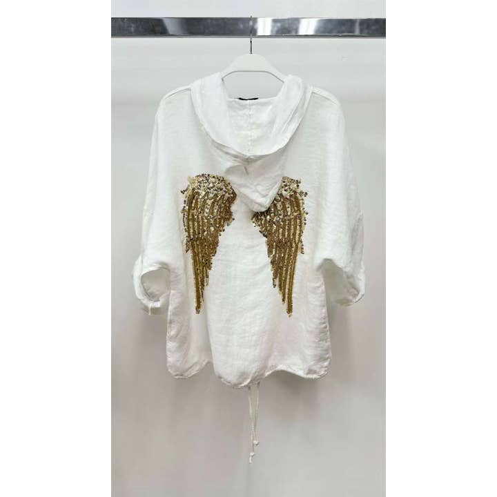 SEQUIN WINGS ZIP-UP LINEN ROLL-UP SLEEVE HOODIE (45800-WINGS for wholesale by VENTI6