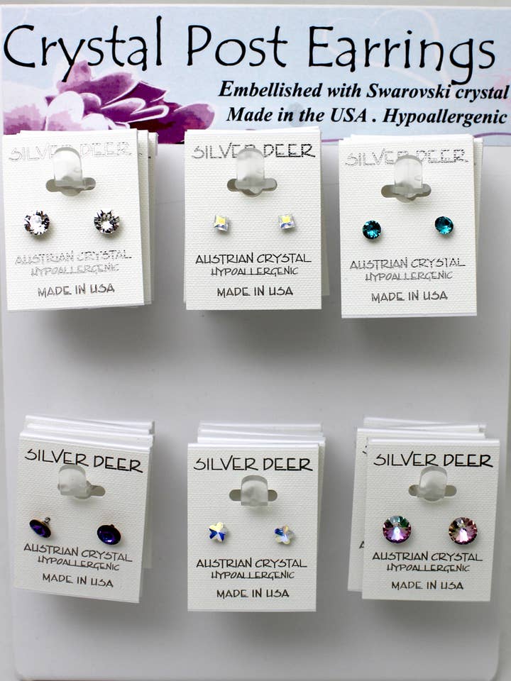 30 pr. Crystal Post Earring Asst. on Easel for wholesale by Silver Deer Crystal