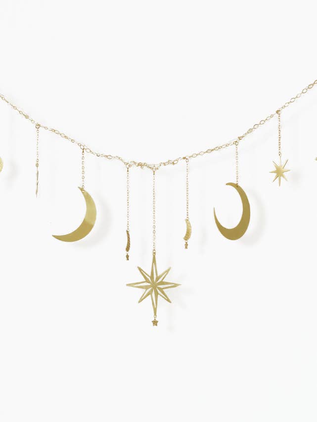 Celestial Moon & Star Garland – Brass Charms with LED String for wholesale by Ariana Ost