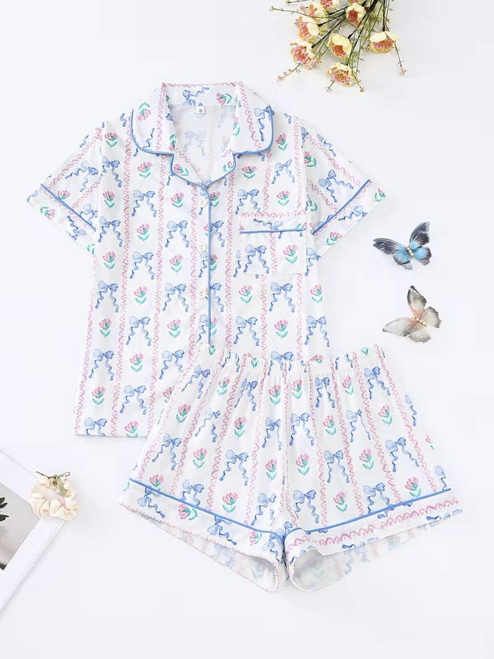 Feminine Bow & Flower Print Pajama Set for wholesale by Tickled Teal