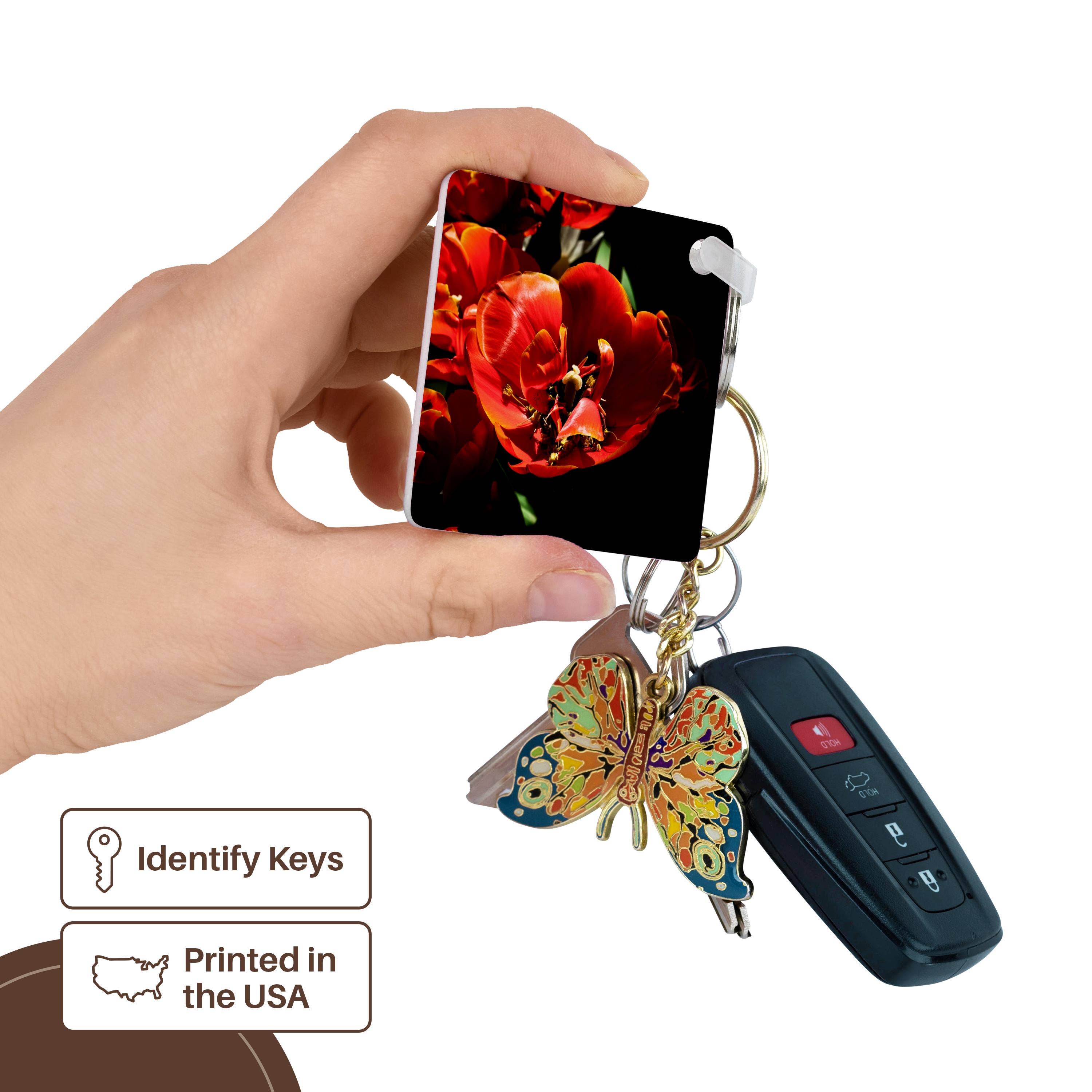 3dRose – wholesale Keychain – Unisex – 3dRose, Closeup view of a red tulip bulb full of tiny maple tree flowers, Key Chain2