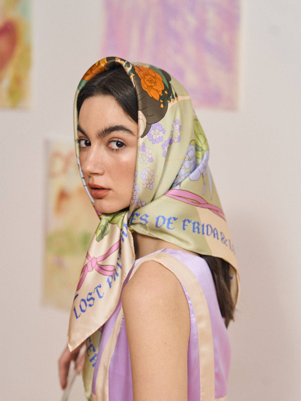 FRIDA x LOST PATTERN "Los Amores de Frida" Large Silk Scarf - Pastel for wholesale on Faire6