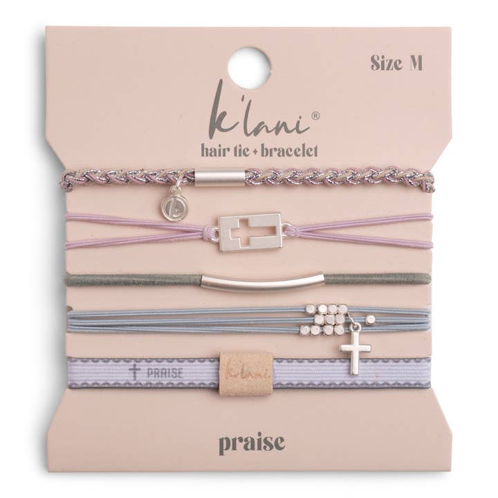 K'lani hair tie bracelets - Wholesale Jewelry Set - "Praise" Silver Cross with muted Pastels Hair Tie Bracelets