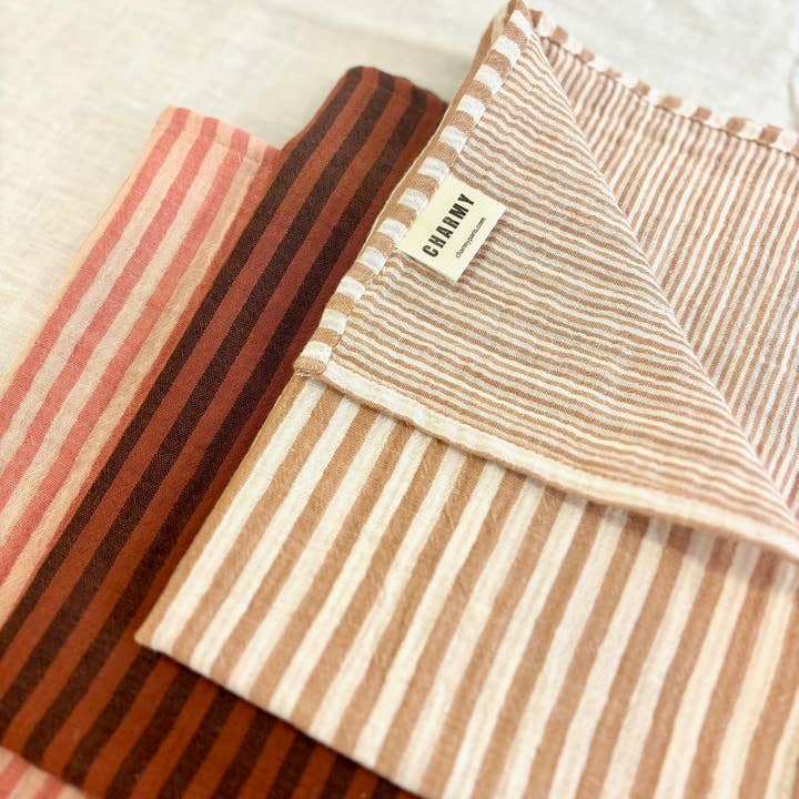 CHARMY - Wholesale Hand Towel - 3 cotton gauze hand towels, made in France, striped toffee, paprika, and caramel