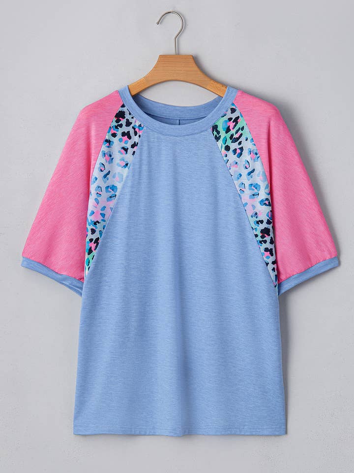 Bleu T-shirt à imprimé léopard avec patch colorblock grande taille en vente sur Faire3